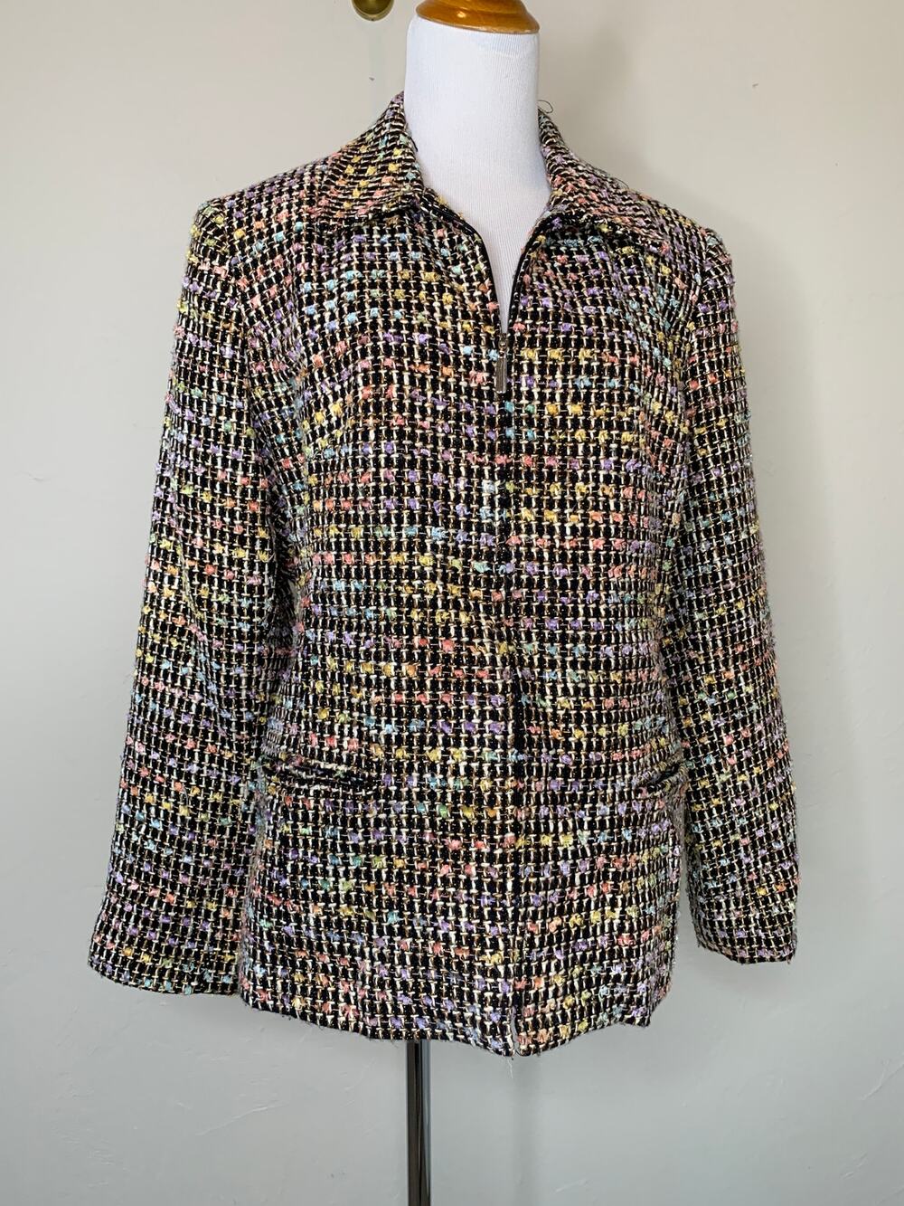 Rainbow & Black Boucle Blazer Sz 14 Zip Front